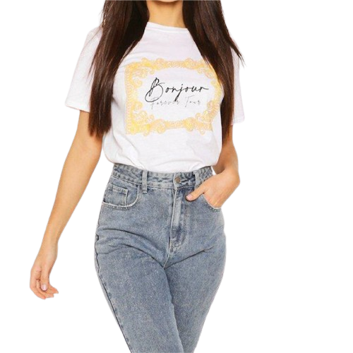 Stylish woman in a white t-shirt with French text and high-waisted jeans